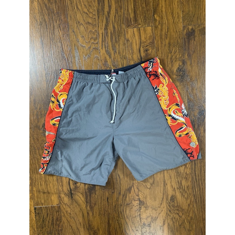 Ocean Pacific OP Mens Grey Red Dragon Print Swim Trunks Board Shorts Size L